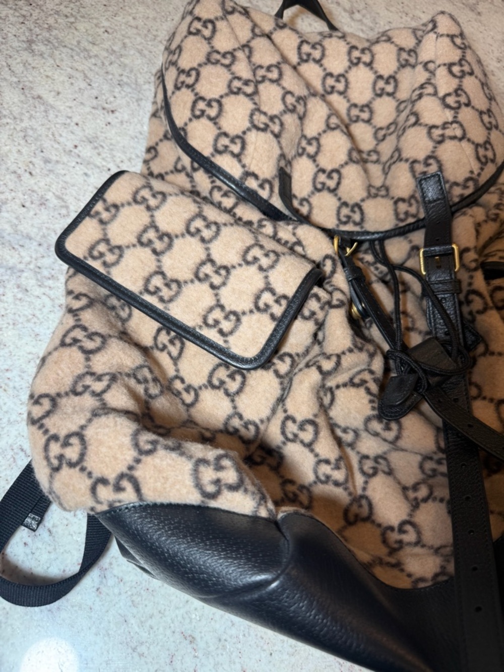 Gucci Black Leather Trim Backpack with Beige Monogram Detail - Picture 2 of 7